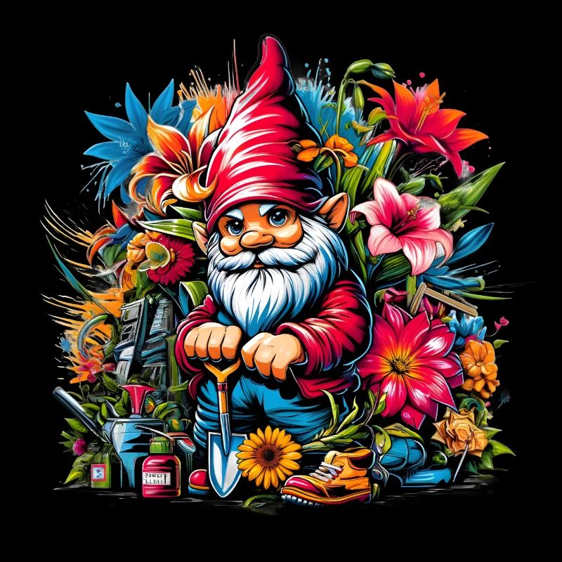 Bunter, lebendiger Gartenzwerg umgeben von Blumen