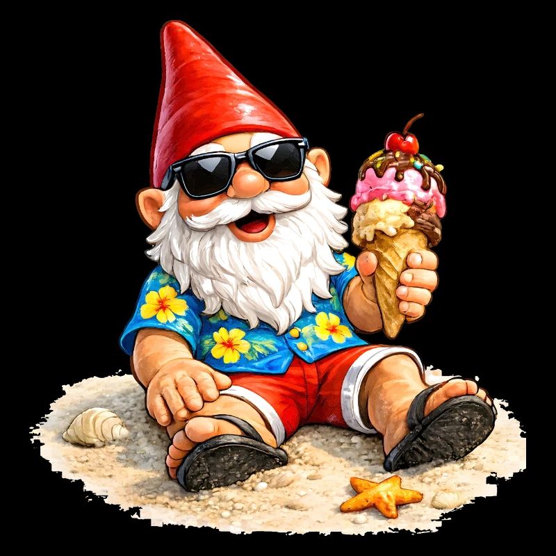 Gartenzwerg am Strand mit Eis in der Hand  
