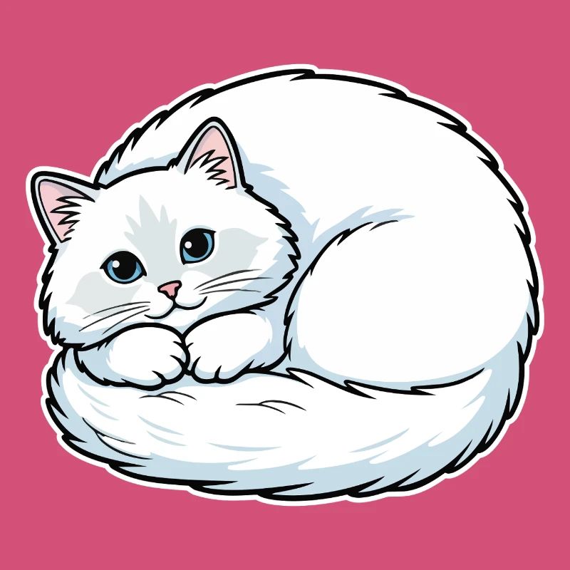White Angora Cat Blue Eyes Coiled Cute