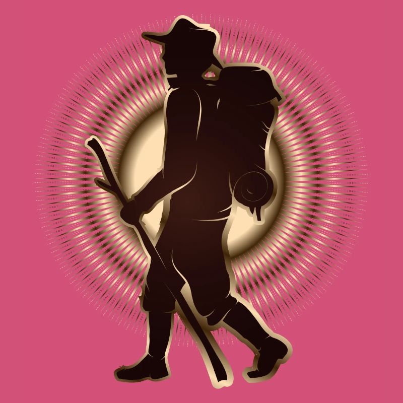 Pilgrim or hiker with walking stick & backpack