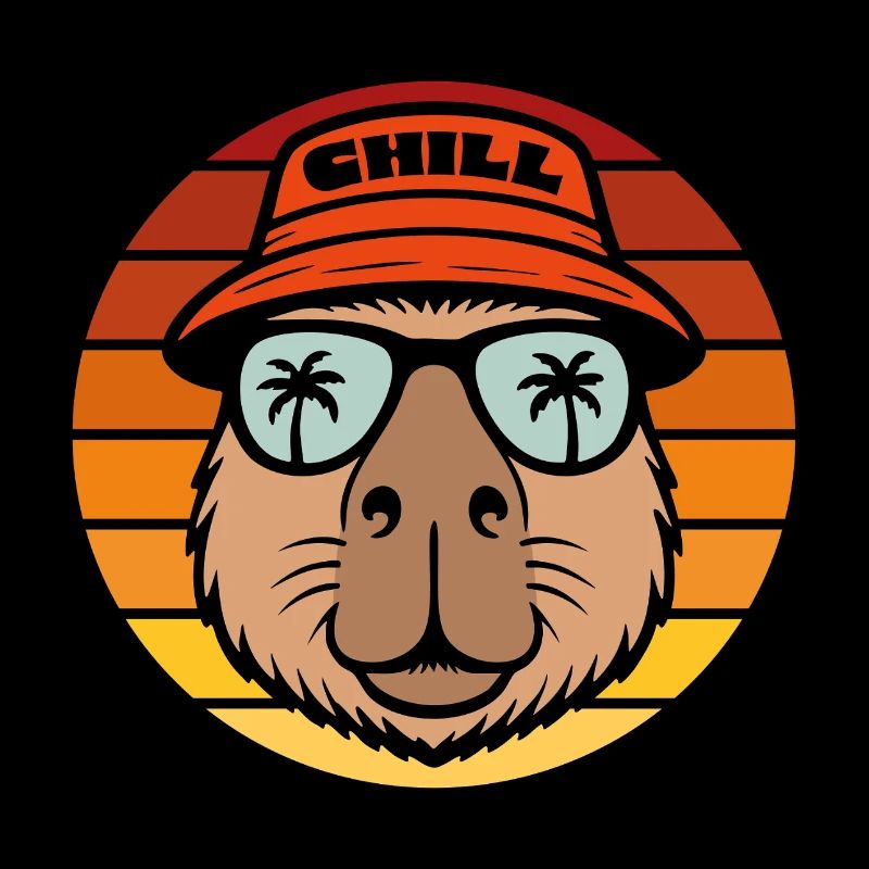 Chill Capybara Retro Sunset with Palm Trees