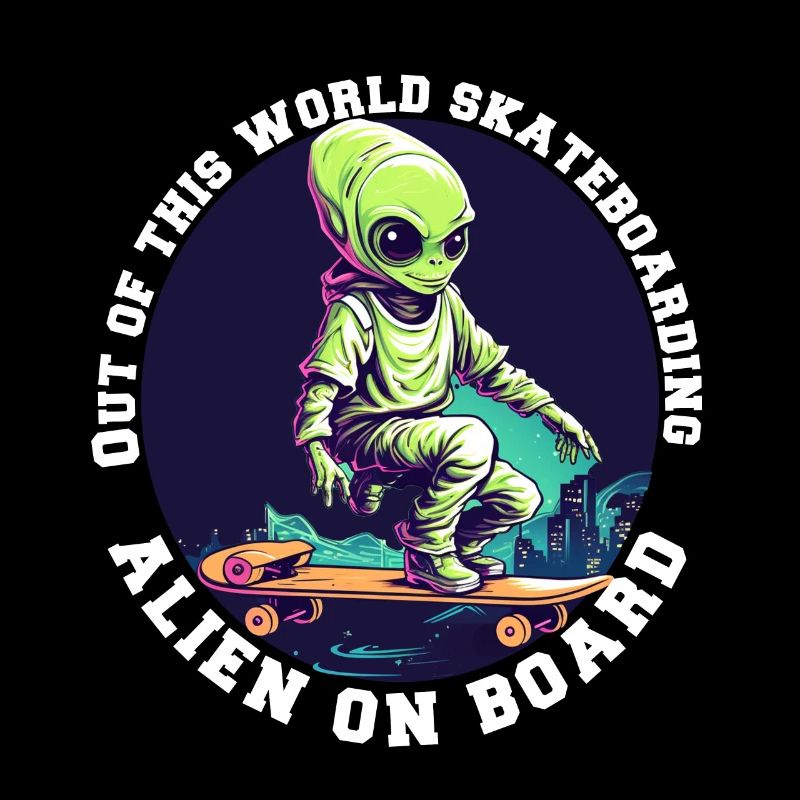 Alien sur skateboard avec lettrage