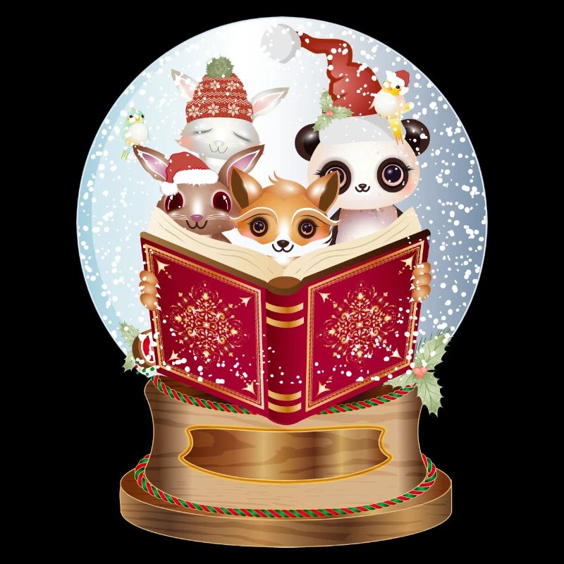 Animals reading in a snow globe at Christmas