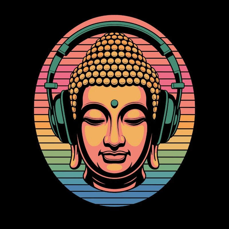 Buddha mit Kopfhörern Achtsamkeit Musik Boho Zen