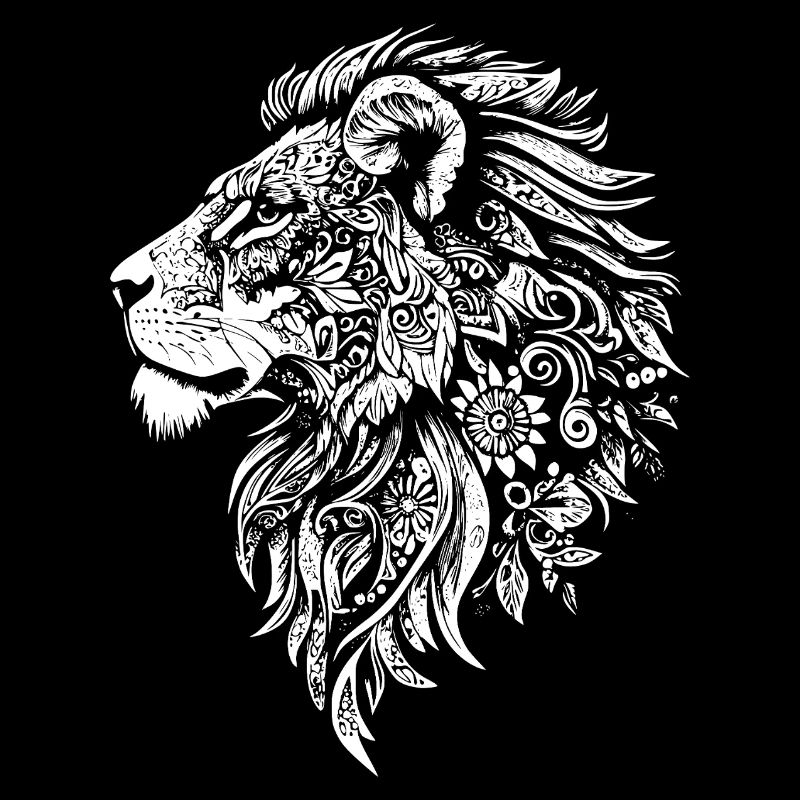 Powerful lion's head with floral dynamics