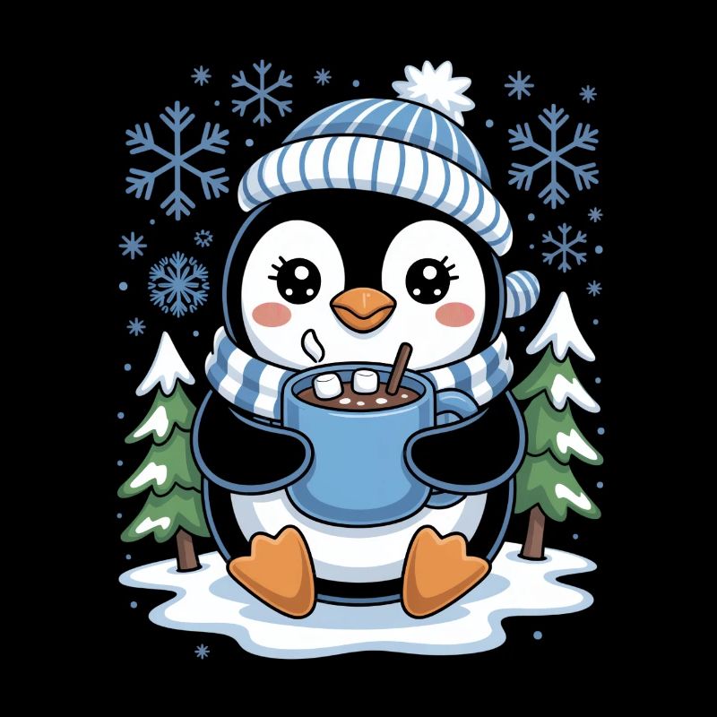Süßer Winter Pinguin Mit Kakao Und Schneeflocken