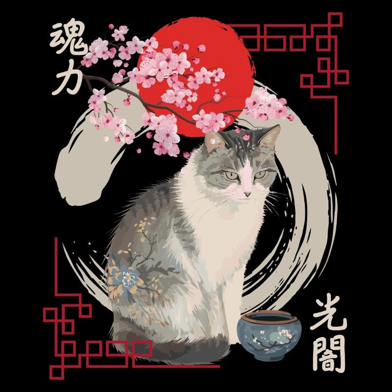 Japanese cat with cherry blossoms