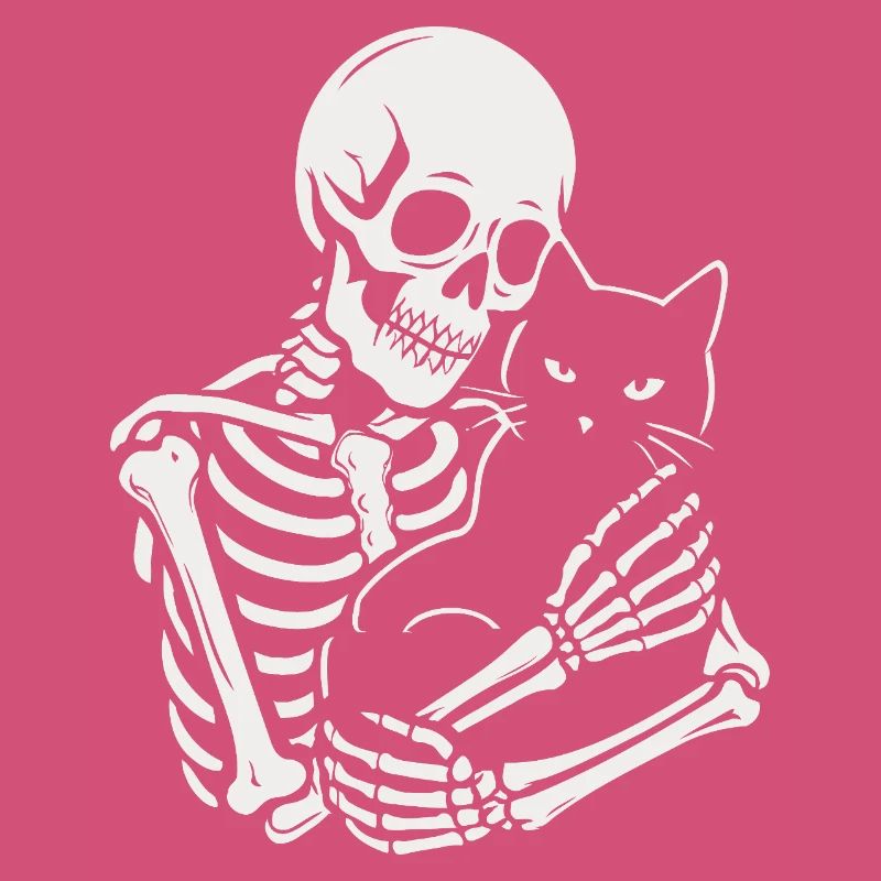 Skelett streichelt schwarze Katze