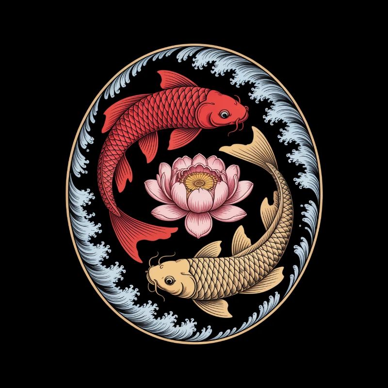 Koi Poisson Lotus Fleur Wave Art