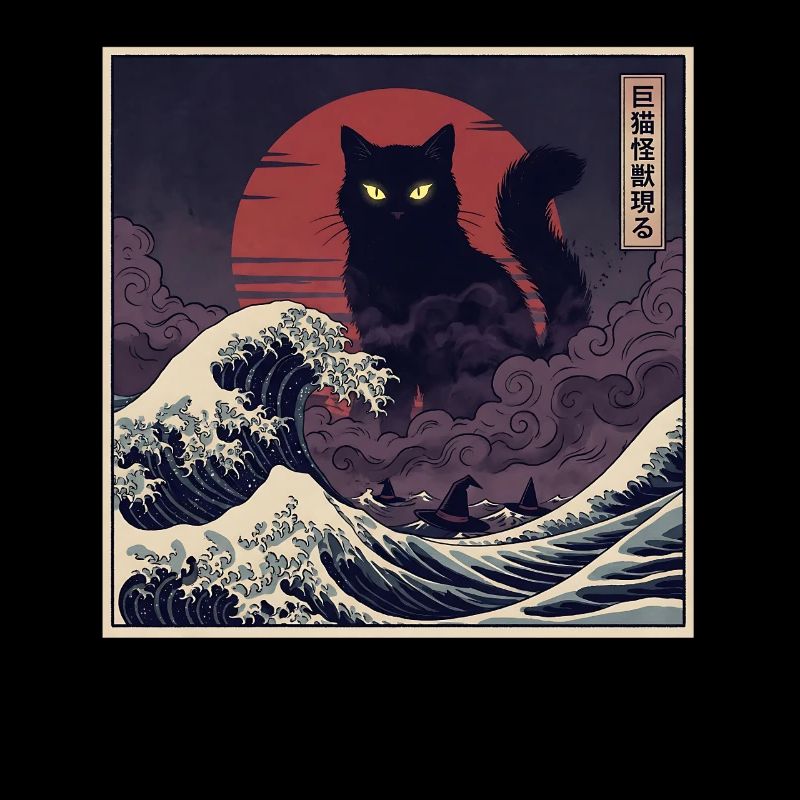 Un chat Kaiju géant au-dessus des vagues 巨猫怪獣現る