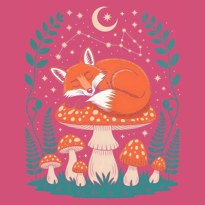 Sleeping Fox on Mushroom Under Starry Sky