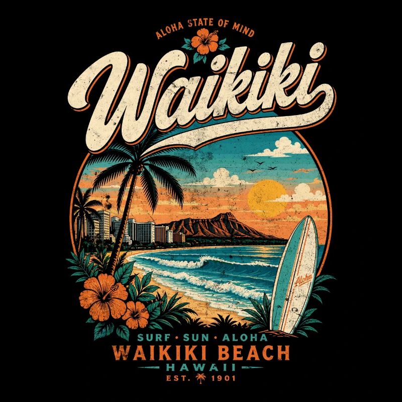 Waikiki Beach Sunset Surf Tee