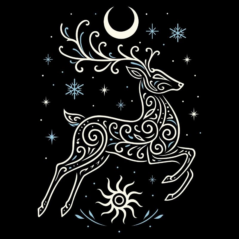 Cerf de Noël sautant avec soleil et lune