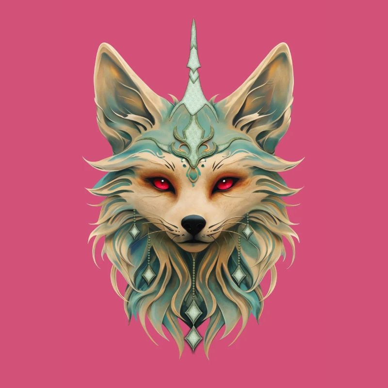 Mystical fox with piercing red eyes.