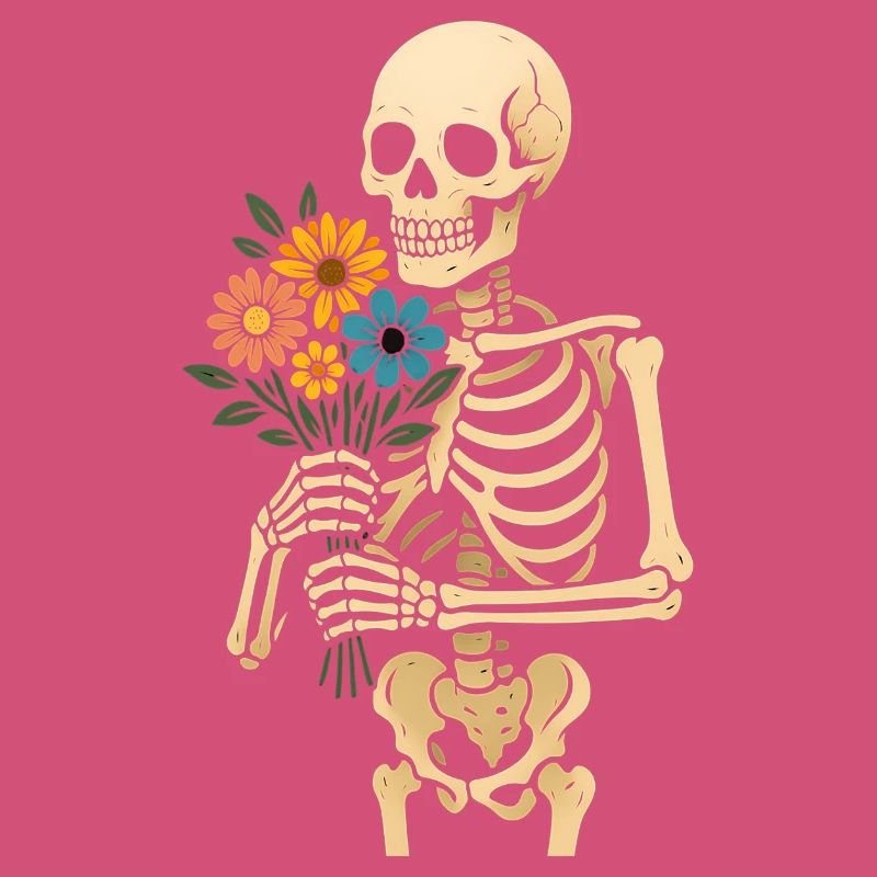 Squelette avec bouquet de fleurs