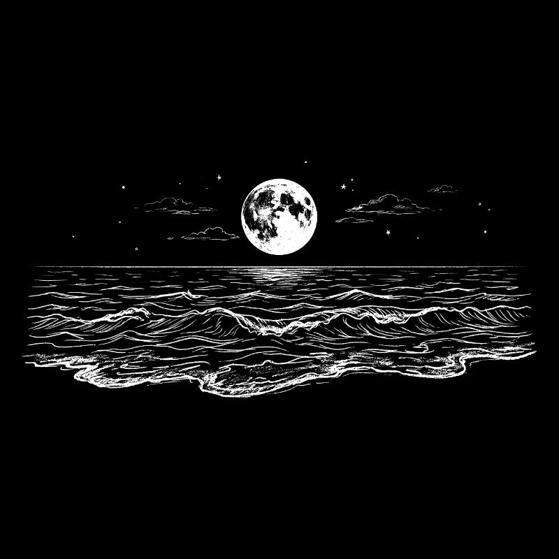 Vagues de mer Nuit de lune Nature Dessin blanc Art