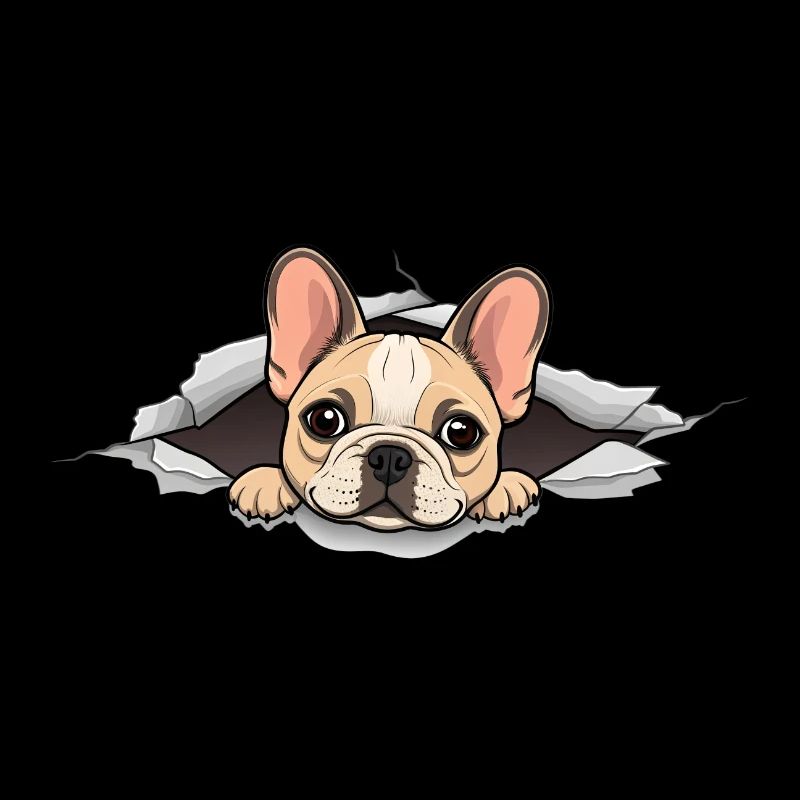 Chiot bouledogue français chiot qui regarde trou en papier déchiré