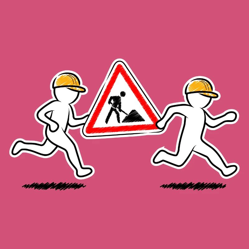 Two construction workers carry a construction site sign