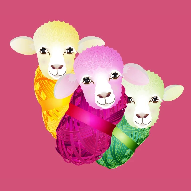 three colourful sheep with colour-coordinated wool