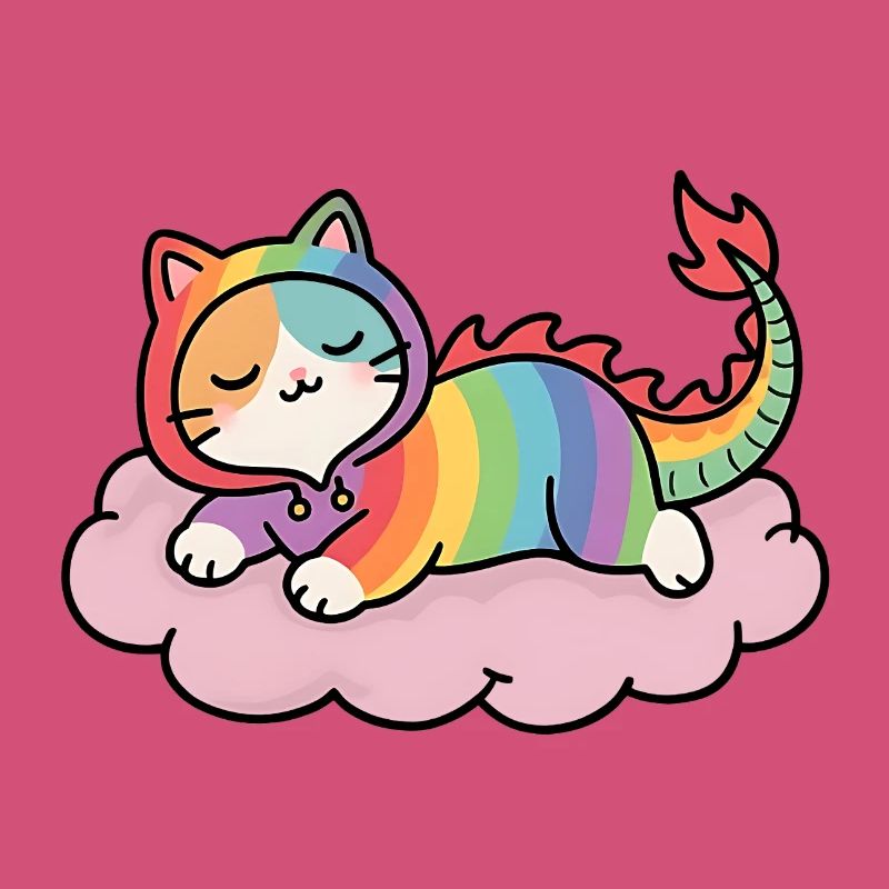 Relaxed rainbow dragon cat on cloud