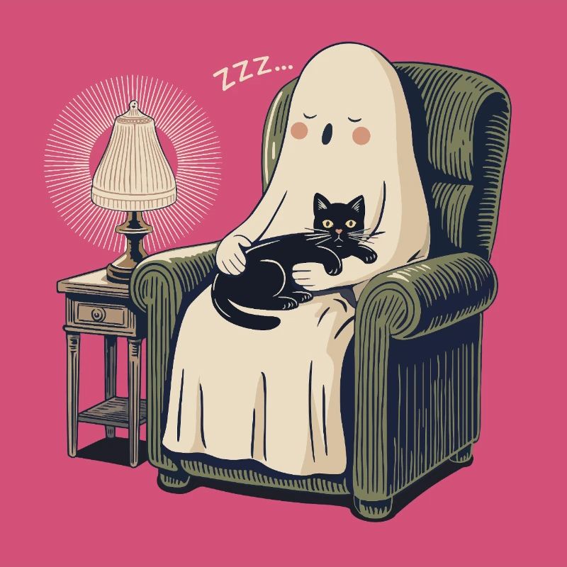 Fantôme et Chat endormis – Chat noir douillet et effrayant