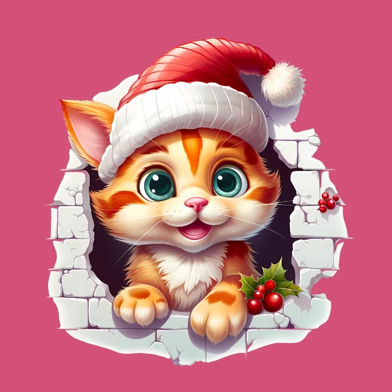 Chat avec chapeau de père Noël dans le trou dans le mur