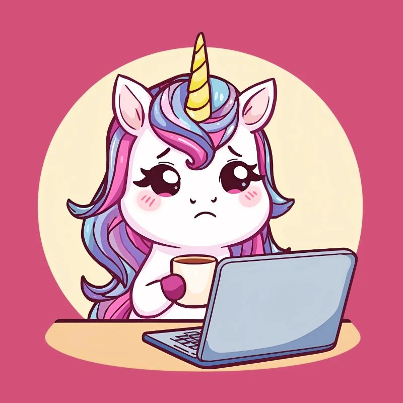 Müdes Einhorn am Laptop mit Kaffee