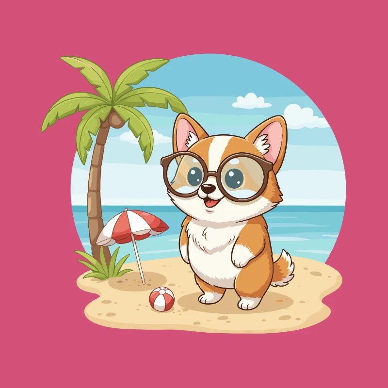Cute Corgi with Glasses Beach Summer Vacation