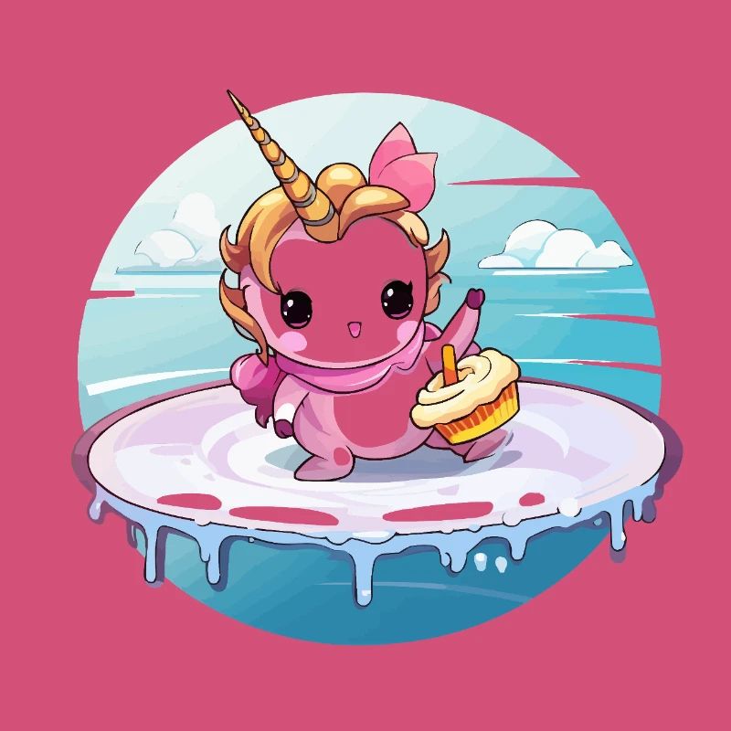 Unicorn on a surfboard with cupcake