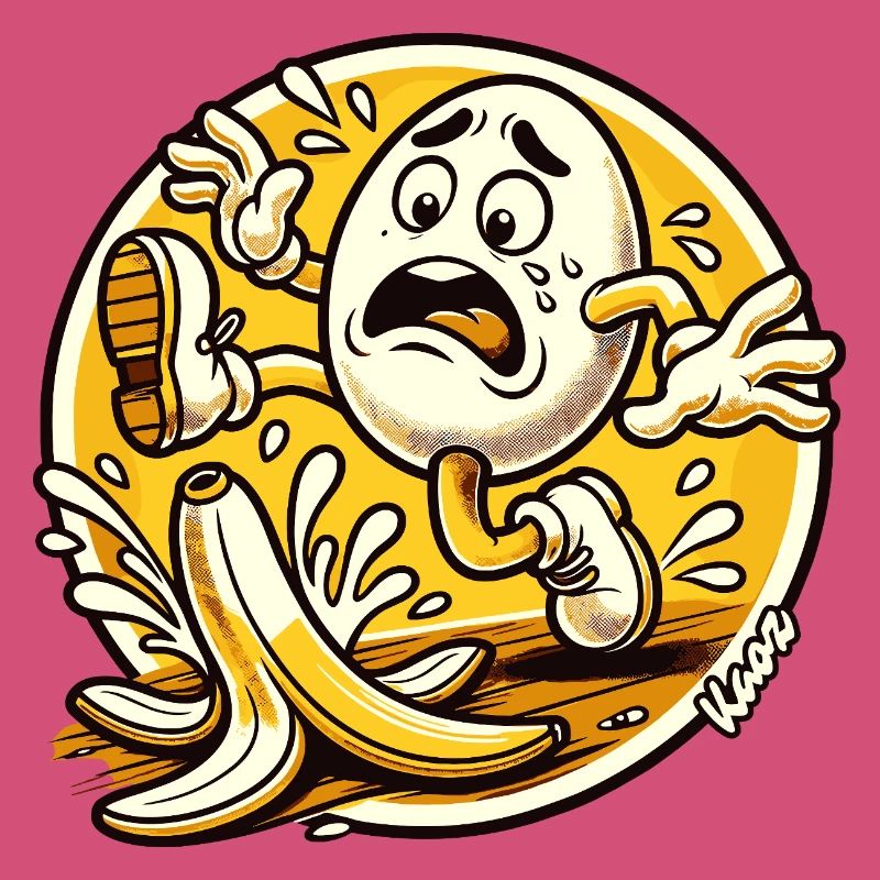 Comic egg slips on banana peel