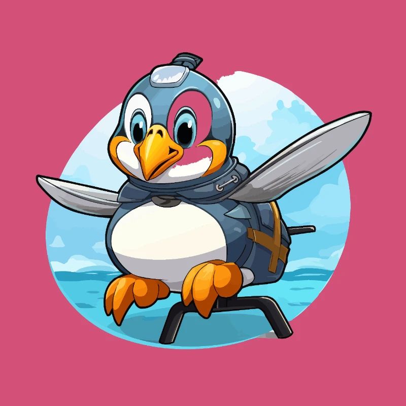 Flying penguin with backpack
