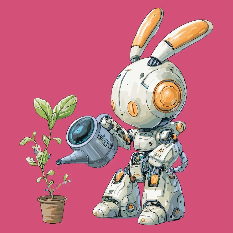 Robot rabbit watering plant