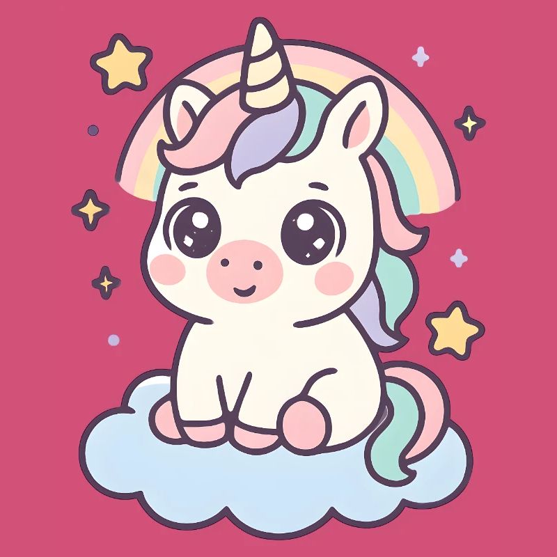 Kawaii Einhorn auf Wolke mit Regenbogen Sterne