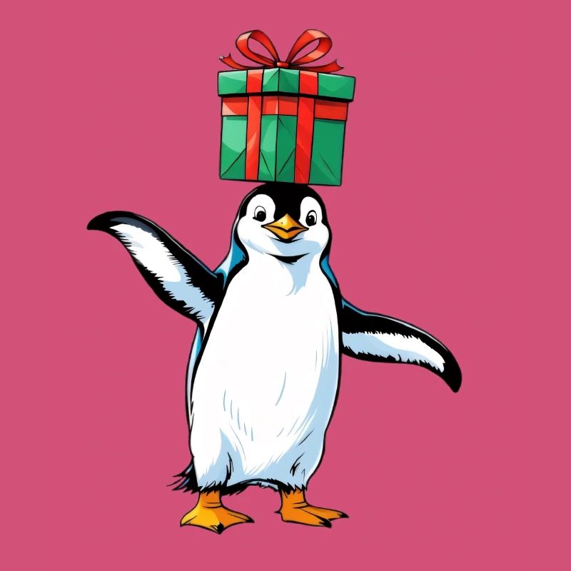 Pinguin mit Geschenk auf Kopf