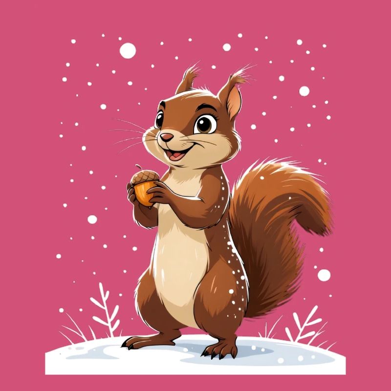 Winterliches Eichhörnchen mit Eichel