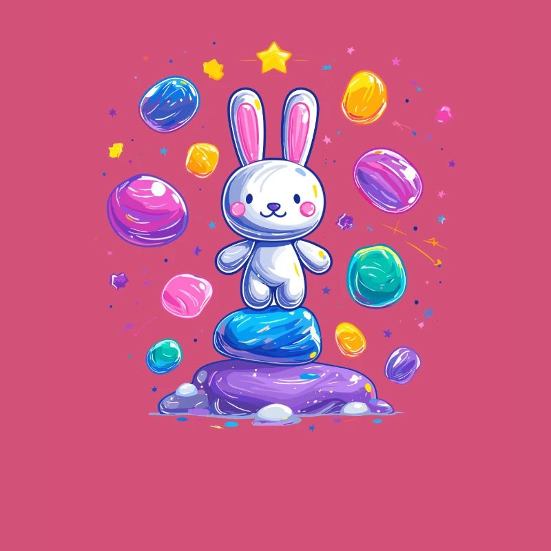 Fröhlicher Hase auf bunten Eiern