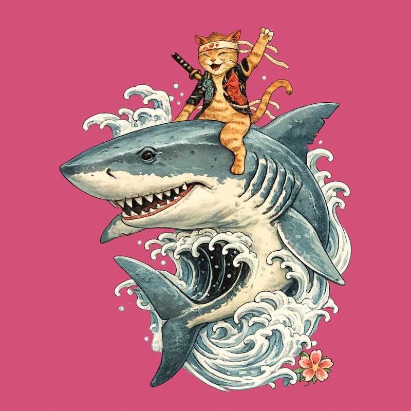 Chat samouraï chevauche le requin – balade de vagues avec style