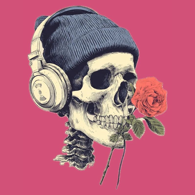 Skull mit Kopfhörern und Rose