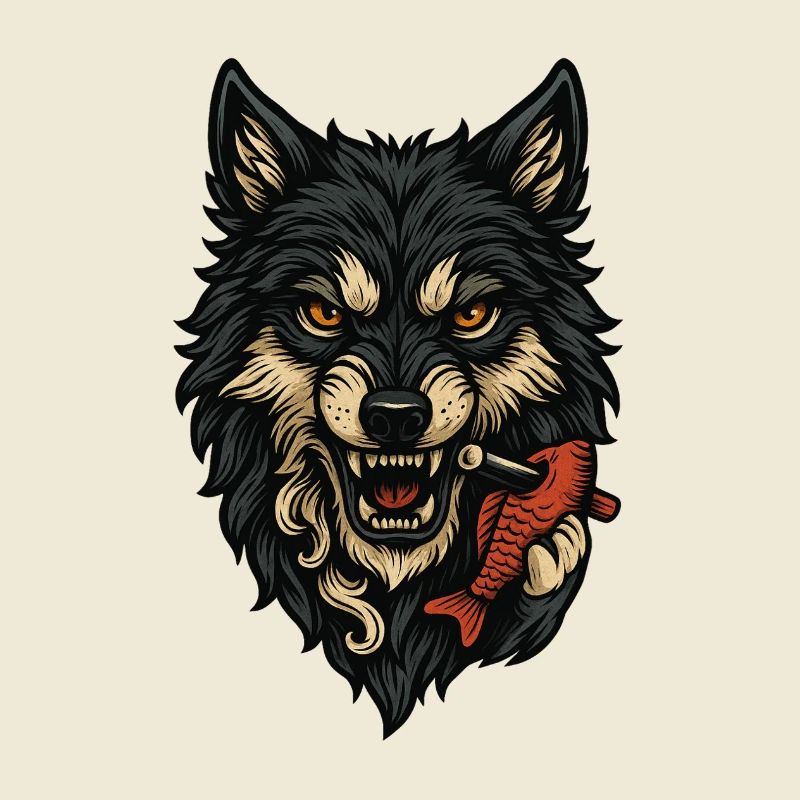 Wild wolf face with bone