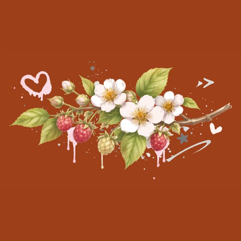 Branche de framboise avec fleurs style graffiti