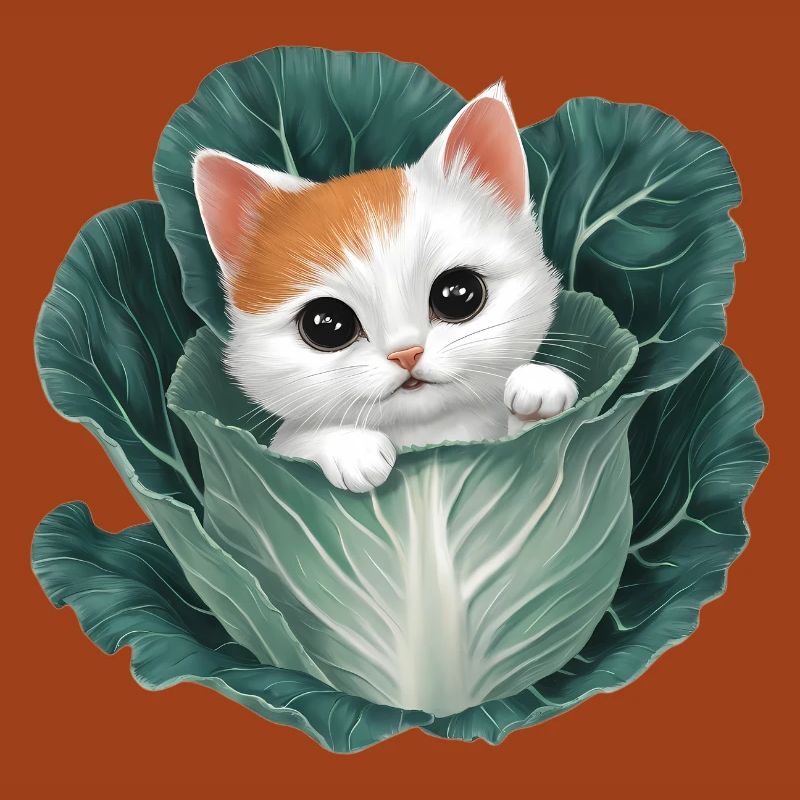 Kitten Peeking from Cabbage Leaf