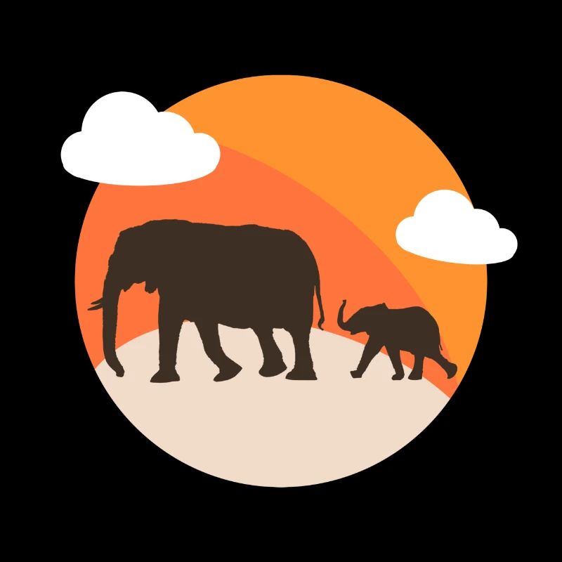 Silhouette Éléphants au Sunset Orange