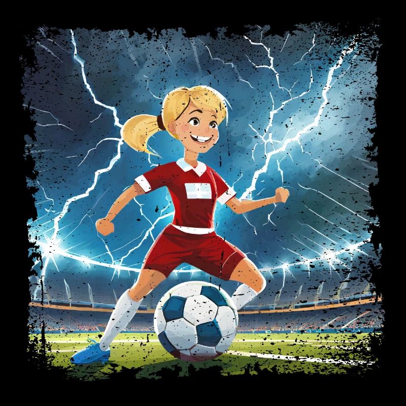 Fussballerin Comicfigur Stadion mit Blitzen