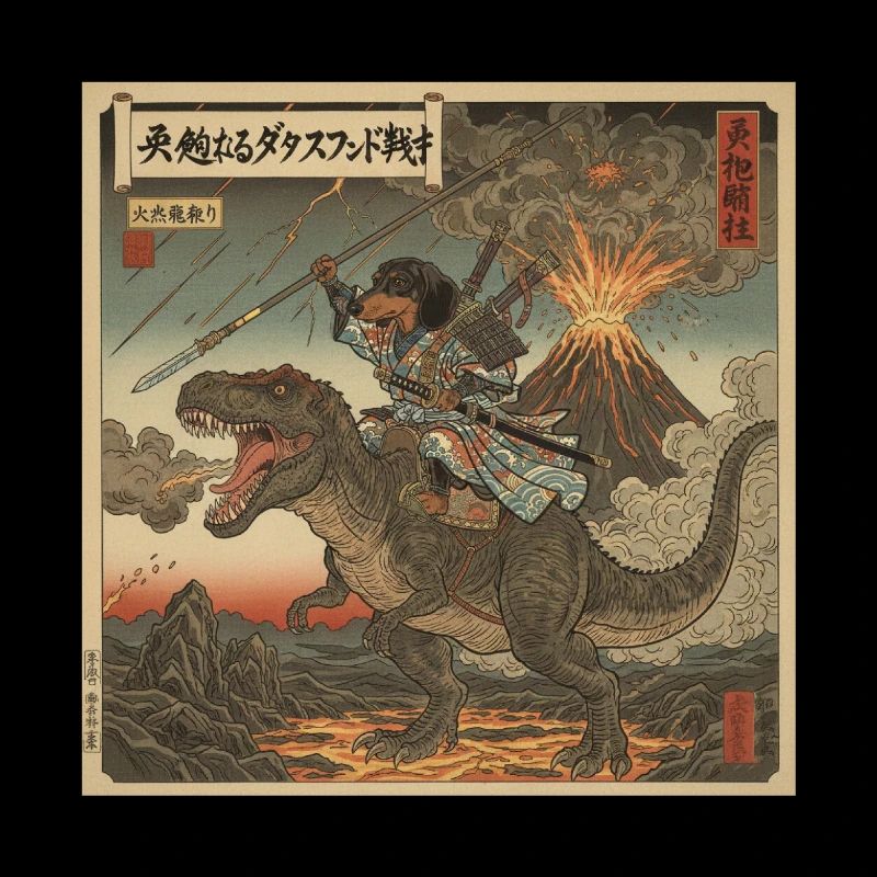 Dackel Samurai-Krieger reitet auf T-Rex Dinosaurier