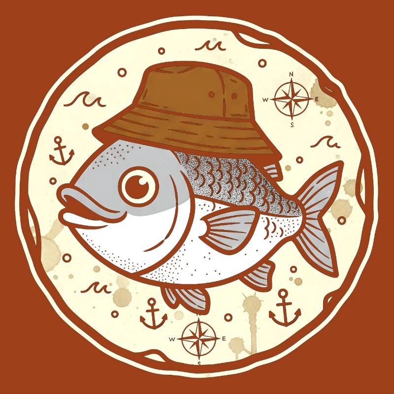Fish with hat in nautical round logo