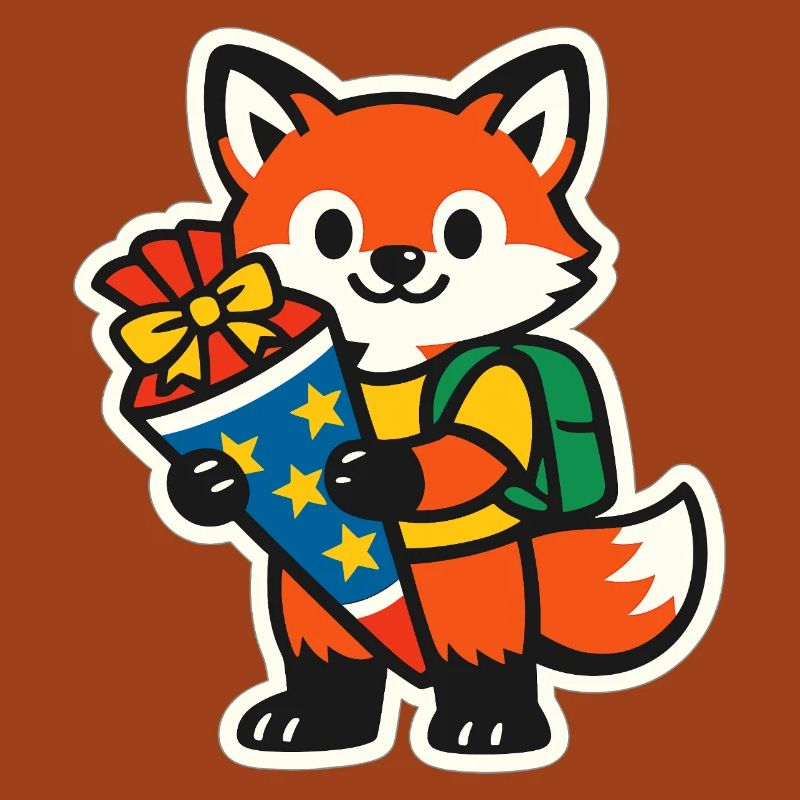 Fox with gift and backpack school enrollment