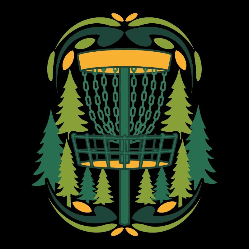 Scène du disque volant du panier de Disc Golf dans la forêt