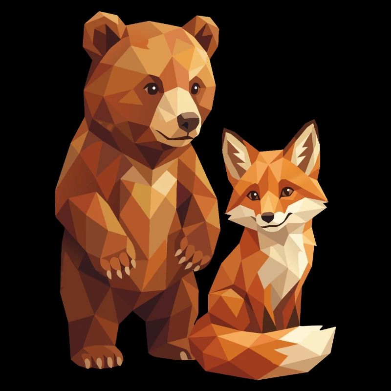 Geometric Low Poly Bear and Fox Forest Art