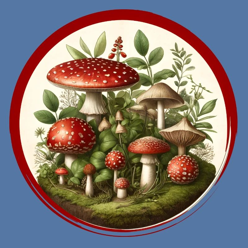 Detailed red toadstools on forest floor