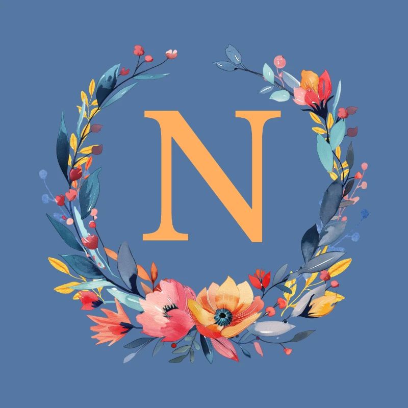 N Monogram, Flower Wreath, Personalizable